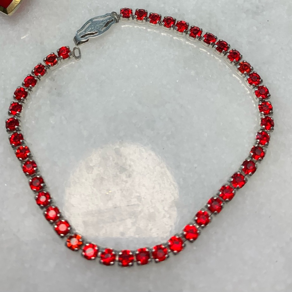 Vintage Sterling Silver Red Rhinestone Bracelet 💎 1950s Tennis Line Jewelry